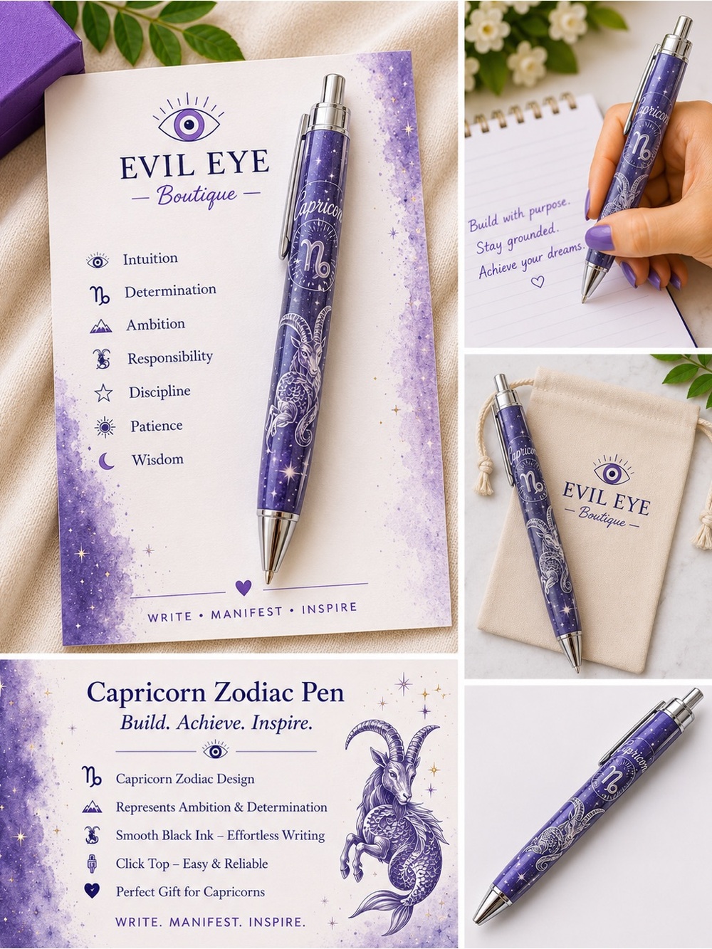 Capricorn Zodiac Pen - Purple Galaxy Design